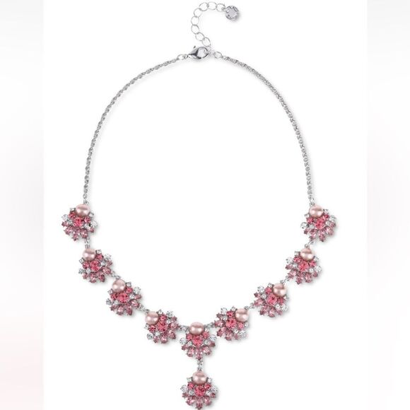 NWT Charter Club Silver-Tone Pink Imitation Pearl and Crystal Collar Necklace - Picture 1 of 6